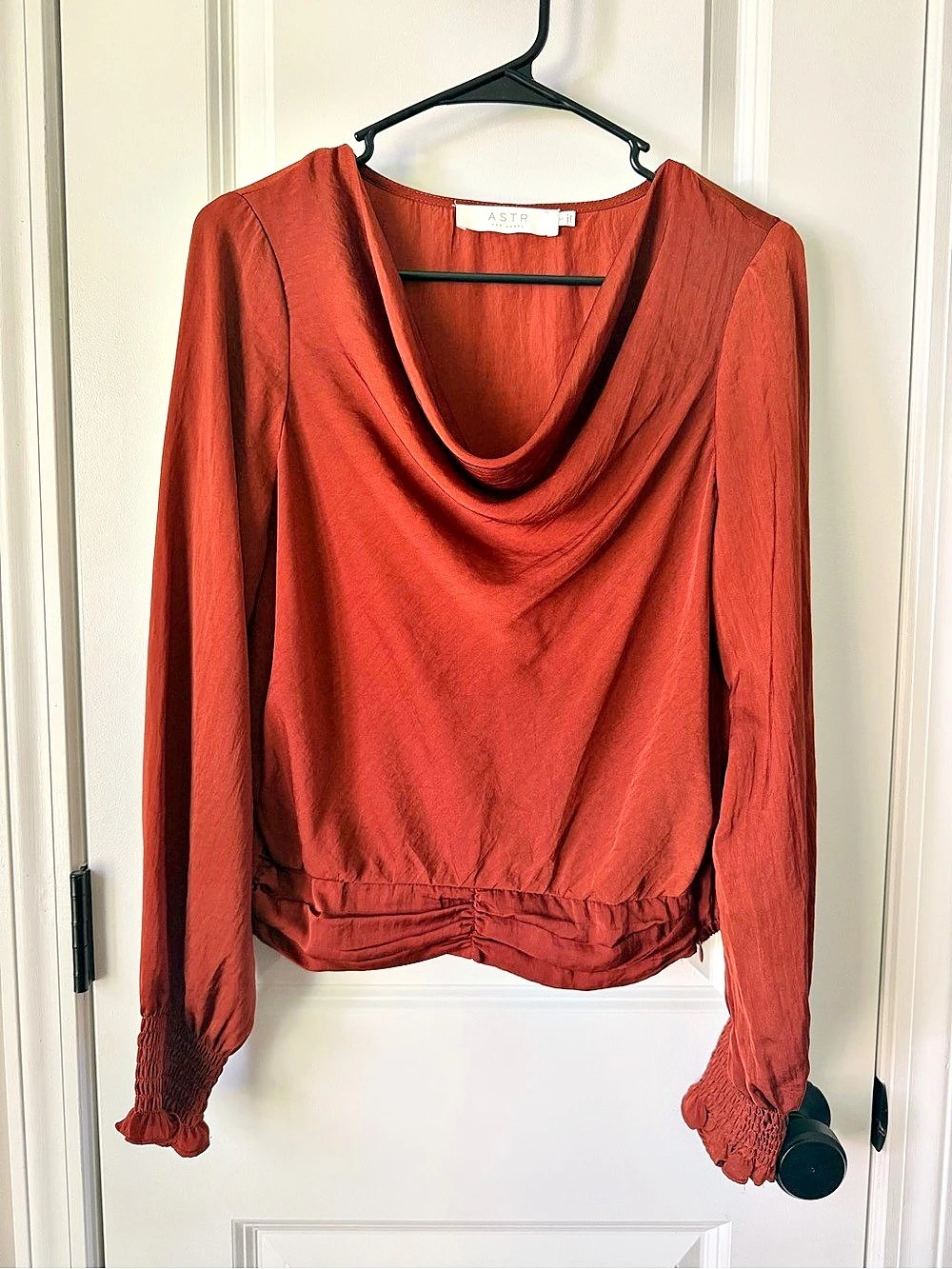ASTR the Label | Cowl Neck Smocked Waist Satin Blouse in Rust - Size Small
